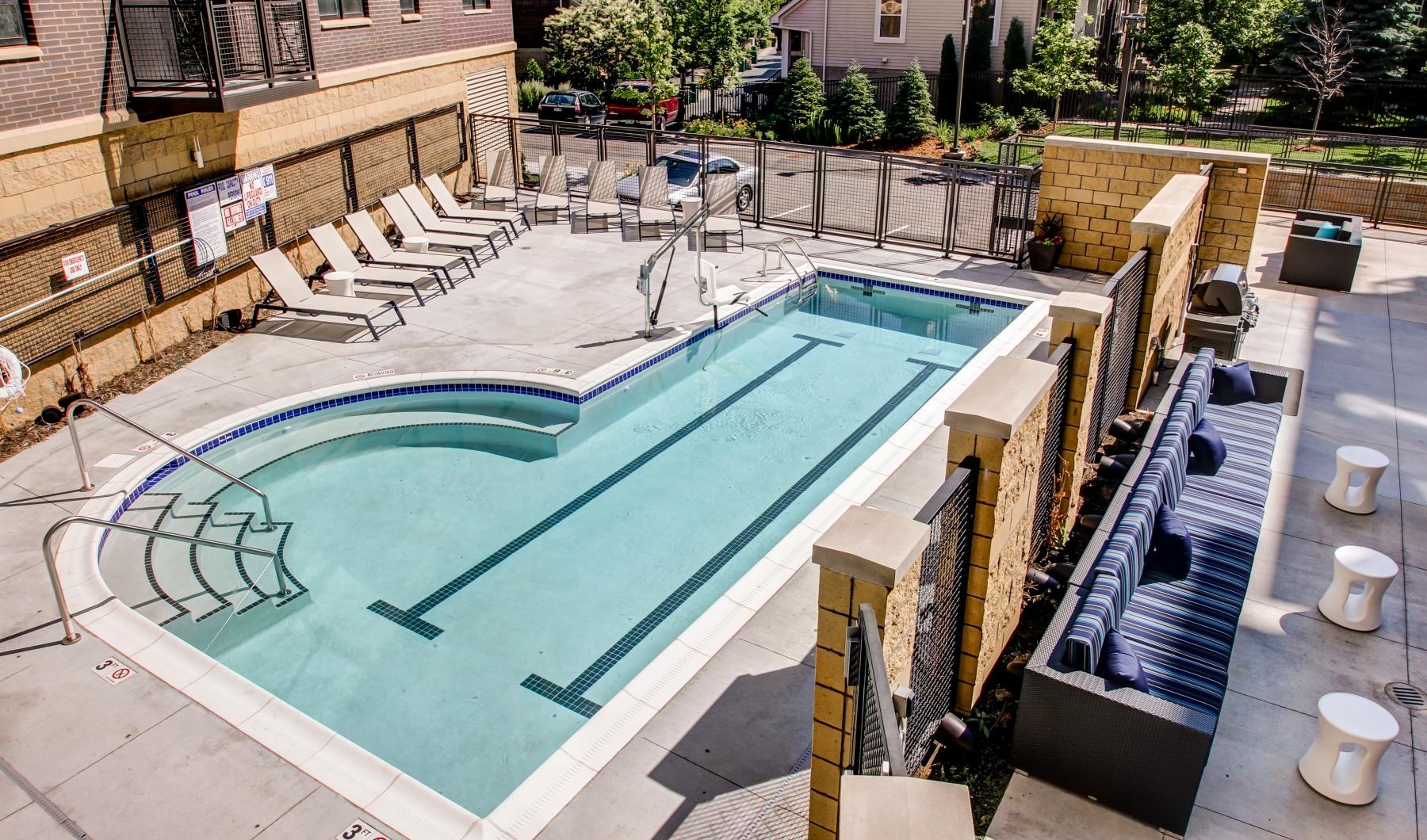 Resort-style swimming pool Aerial view of the swimming pool at The Paxon Minneapolis apartments