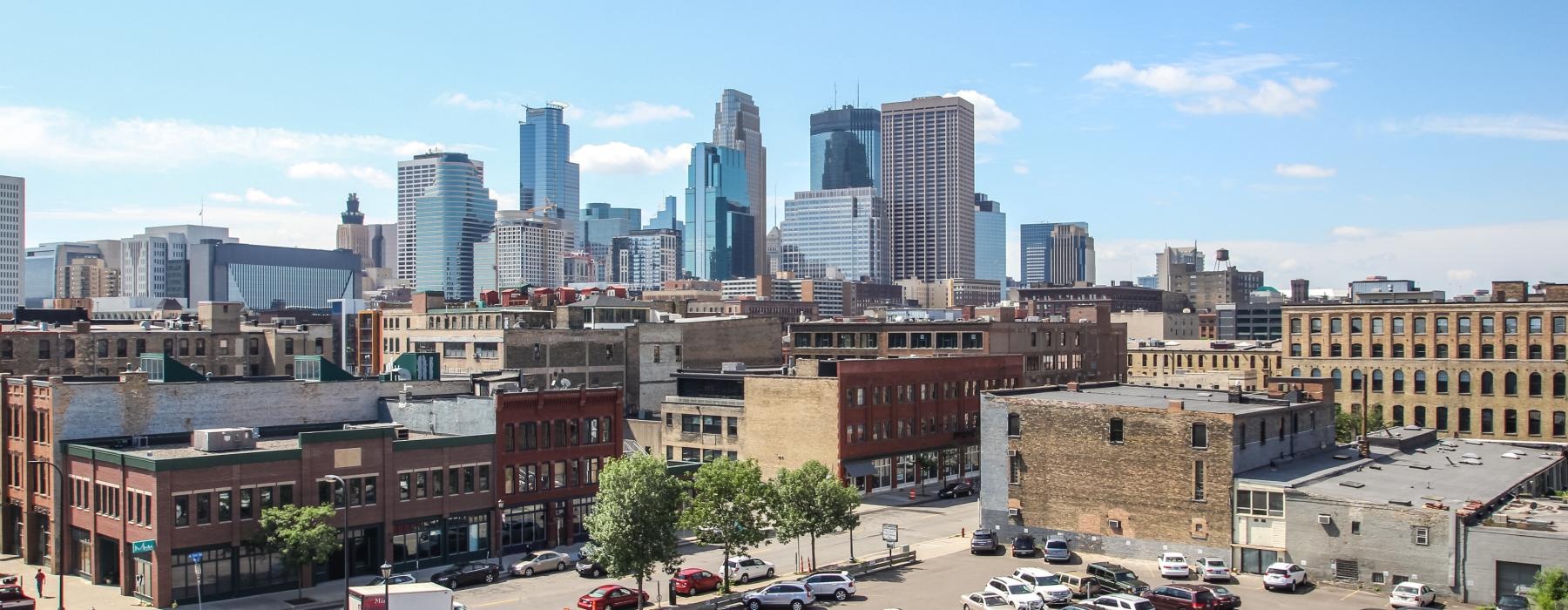 View of the Minneapolis skyline from The Paxon North Loop apartments